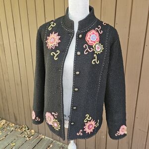 Icelandic Design Black Wool Jacket Embellished Flowers Size M Fall Classic
